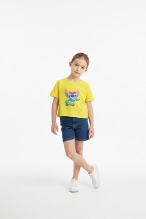 Kids Cropped T-shirt- Stitch Yellow
